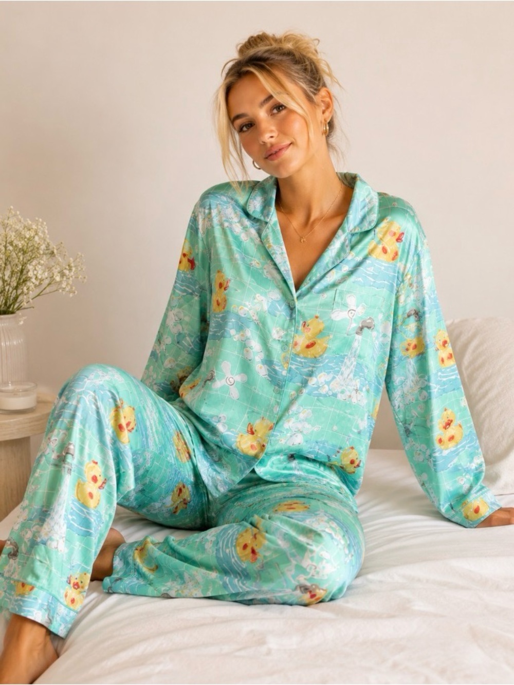 Nick & Nora Duck Print Satin Pajama Set Aqua Blue XL 16 Sleepwear 54618